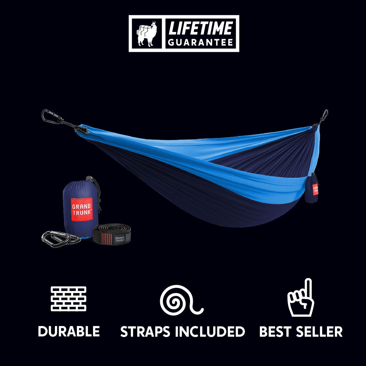 durable blue and navy parachute nylon hammock with straps included. best seller.