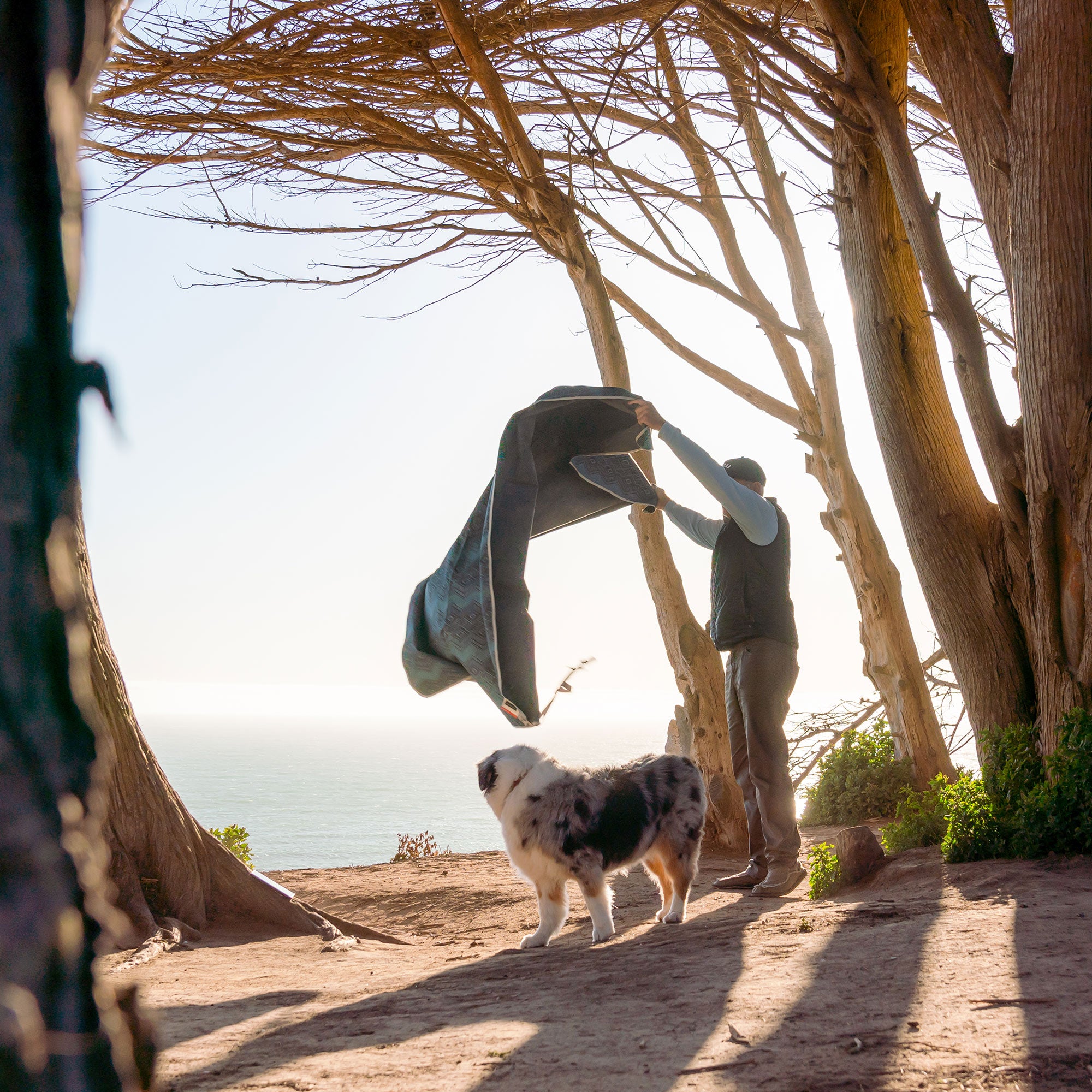 man spreads out the meadow mat to prepare a seat for him and his dogs to watch the sunset