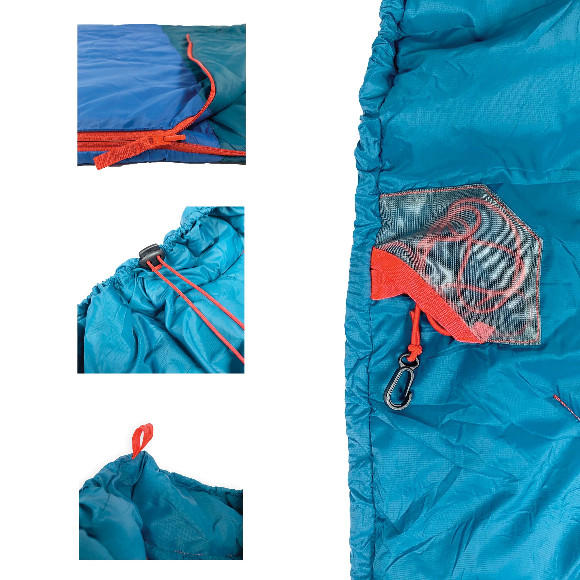 thermaquilt detail pictures. Corner webbing loops drawstring pockets zipper details cinch lock