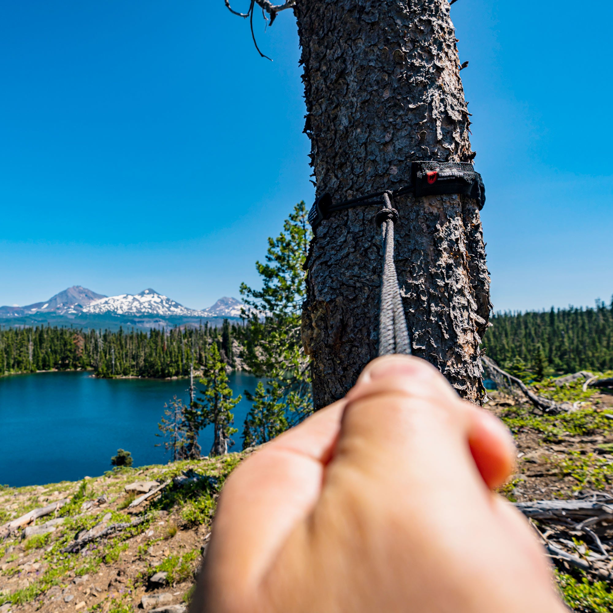 tree slings getting set up to hold hammock near mountain lake forest