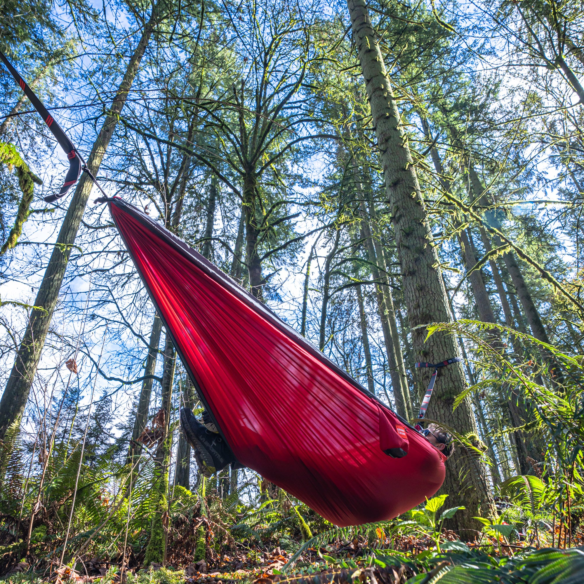 double deluxe hammock red and grey in the forest tall vertical trees