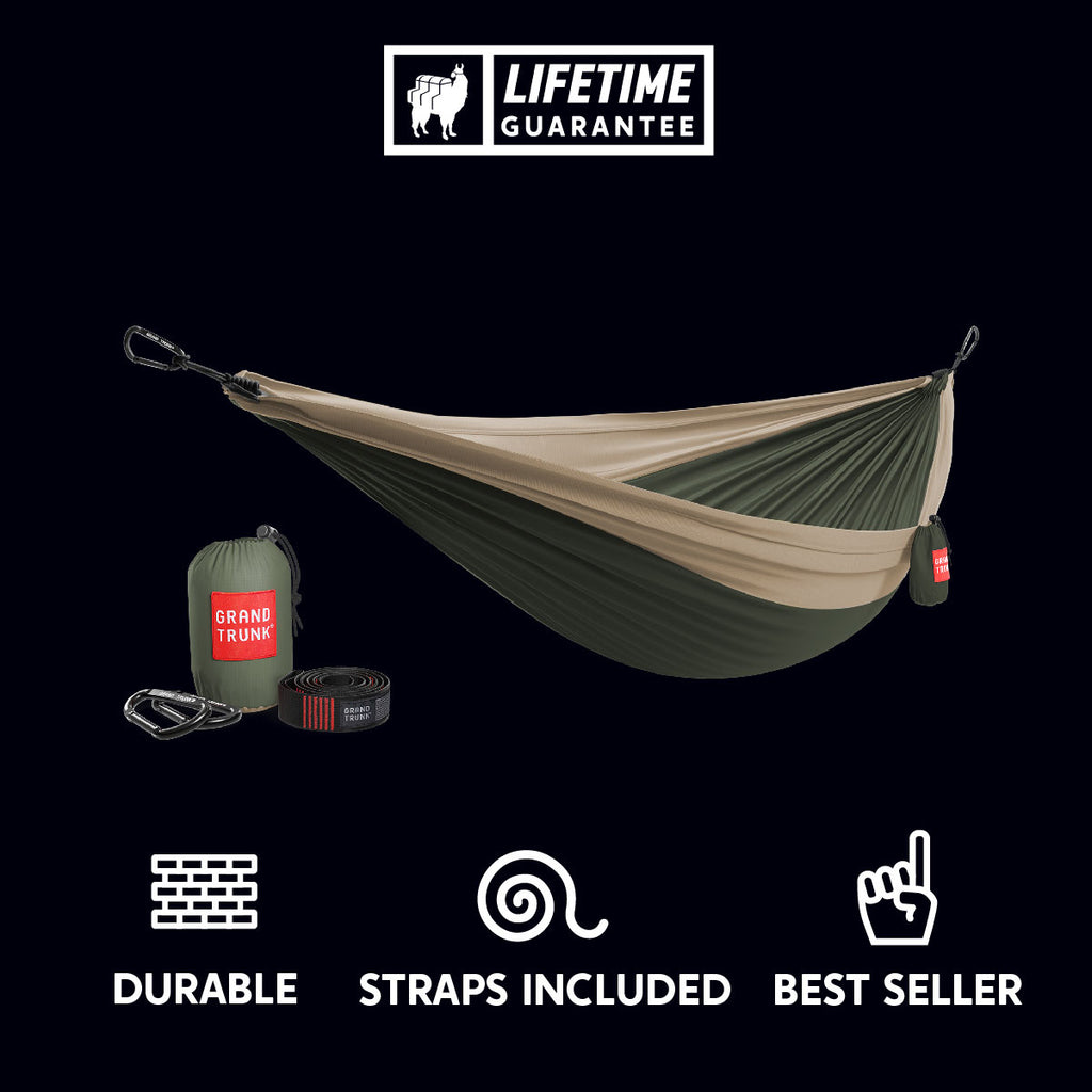 durable green and khaki parachute nylon hammock with straps included. best seller.