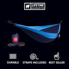 durable blue and navy parachute nylon hammock with straps included. best seller.