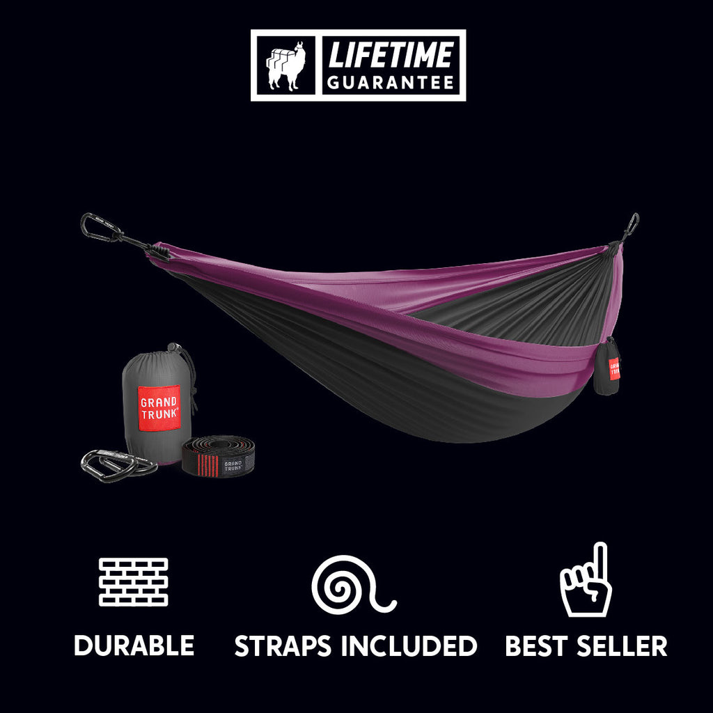 durable purple and grey parachute nylon hammock with straps included. best seller.