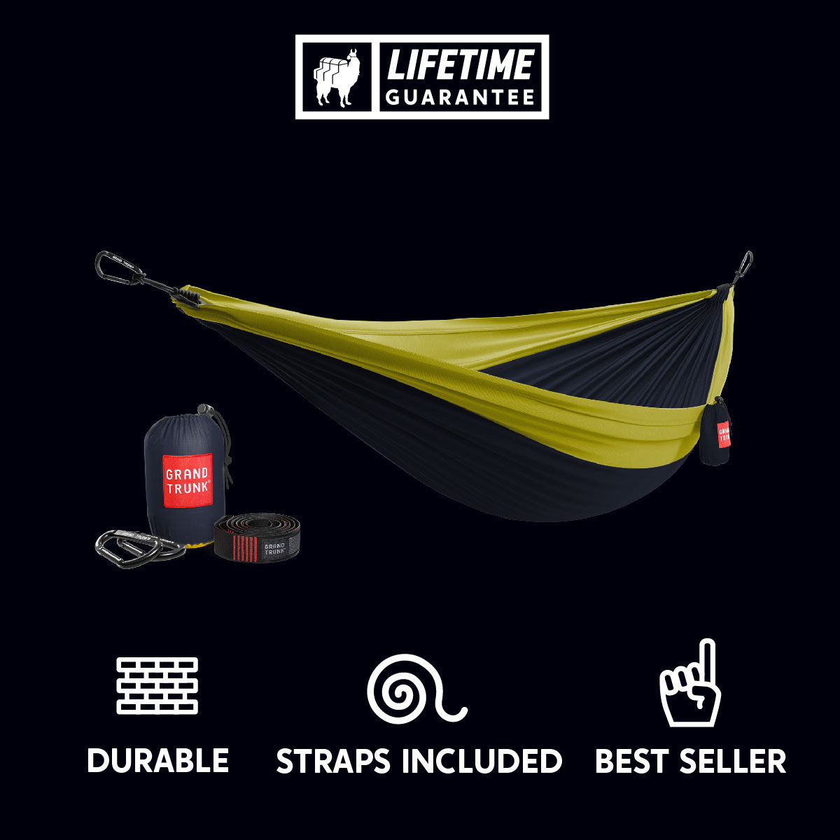 durable navy and chartreuse green parachute nylon hammock with straps included. best seller.