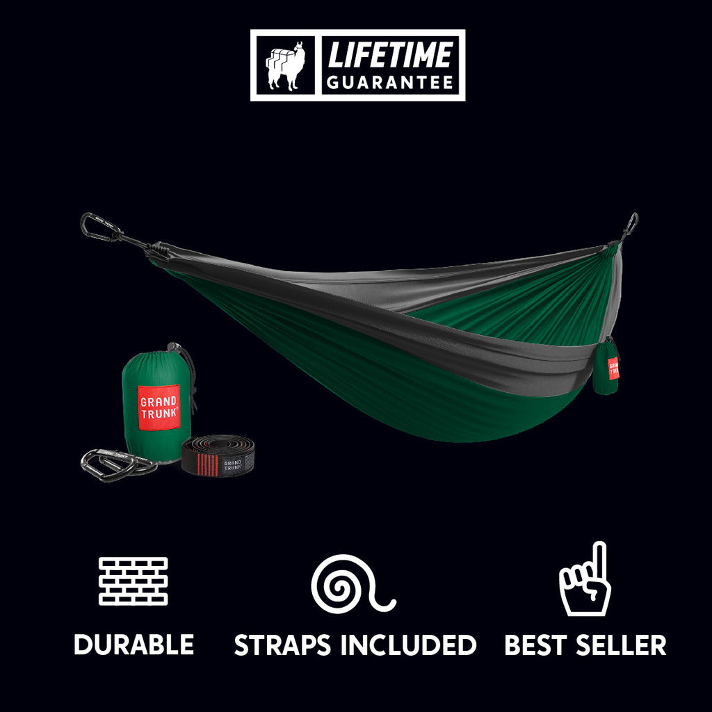 durable green and gray parachute nylon hammock with straps included. best seller.