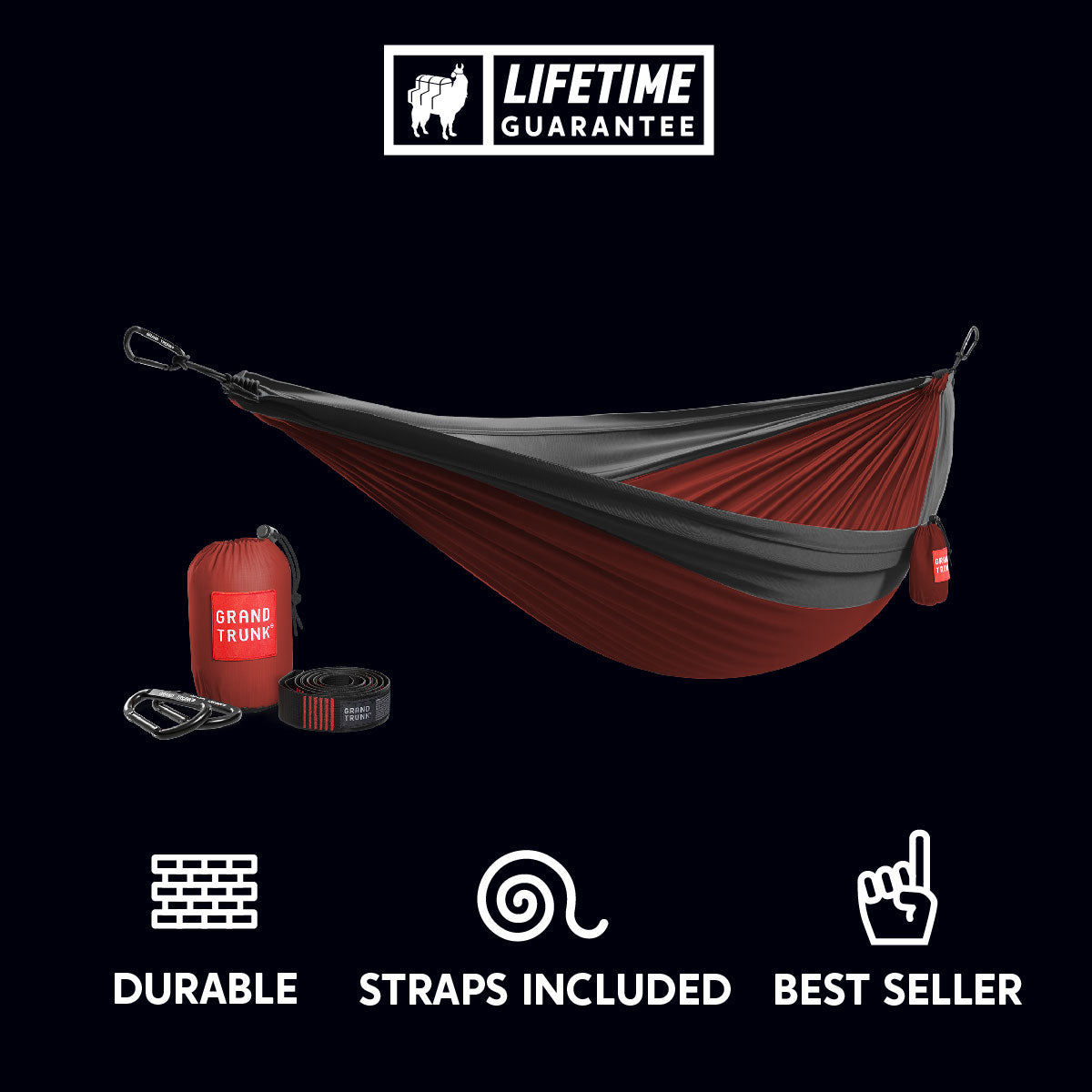 durable red and gray parachute nylon hammock with straps included. best seller.