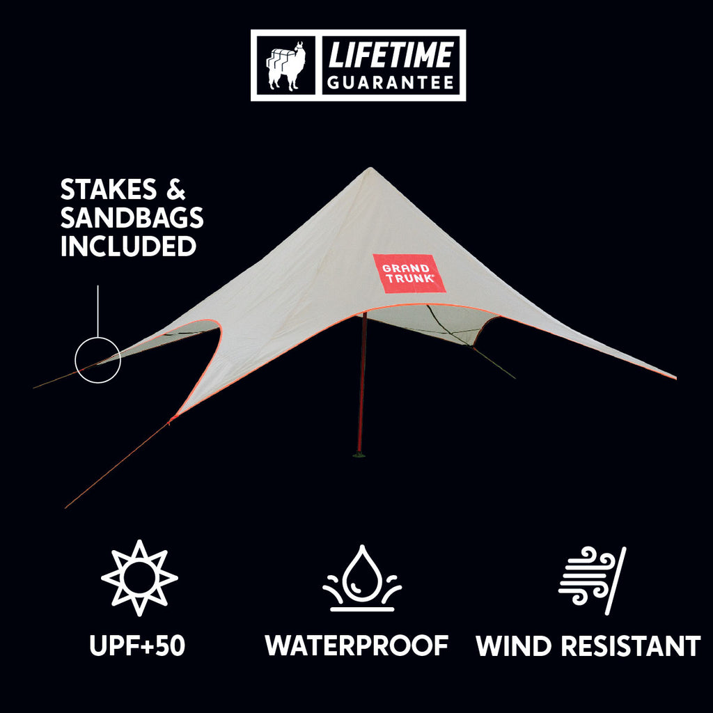 Shadecaster 2 UPF+50 sun/UV resistance, waterproof, Wind resistant, stakes & sandbags included.