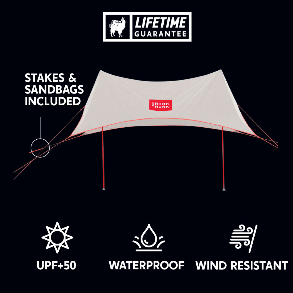 ShadeCaster 4 information icons upf+50, waterproof, wind resistant. Stakes & sandbags included