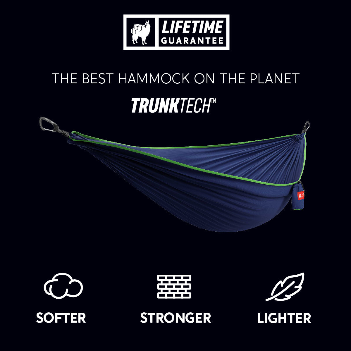 TrunkTech™ Hammock—Lighter, Softer, Stronger. The Best Hammock on the Planet. Blue and green