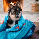 dog bundled up in the thermaquilt blanket sleeping bag by warm fireplace