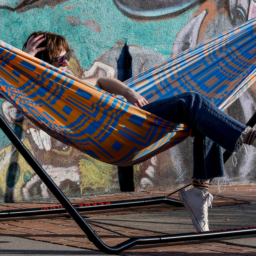 switchback print TrunkTech™ hammock. the best hammock on the planet. in urban setting using the hammock stand.